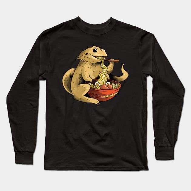 Bearded Dragon Eating Ramen Noodles Long Sleeve T-Shirt by Visual Vibes